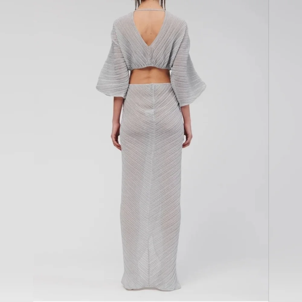 SUBOO Stevie Pleated Cross-Over Maxi Dress w Mini Shorts, Shimmer Gray, Medium